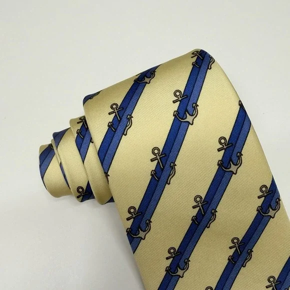 Hermes Men's Tie Nautical Striped Anchors Yellow/Blue Silk 944 IA 3.5 x 53 guc